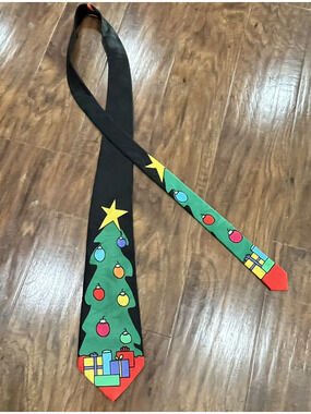 Vintage Christmas Necktie Black Christmas Tree big star